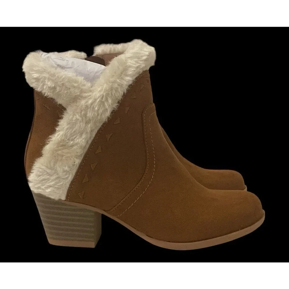UNR8ED Coco Girls Faux Fur Ankle Boots Youth Size 13M Chestnut Trim Block Heel